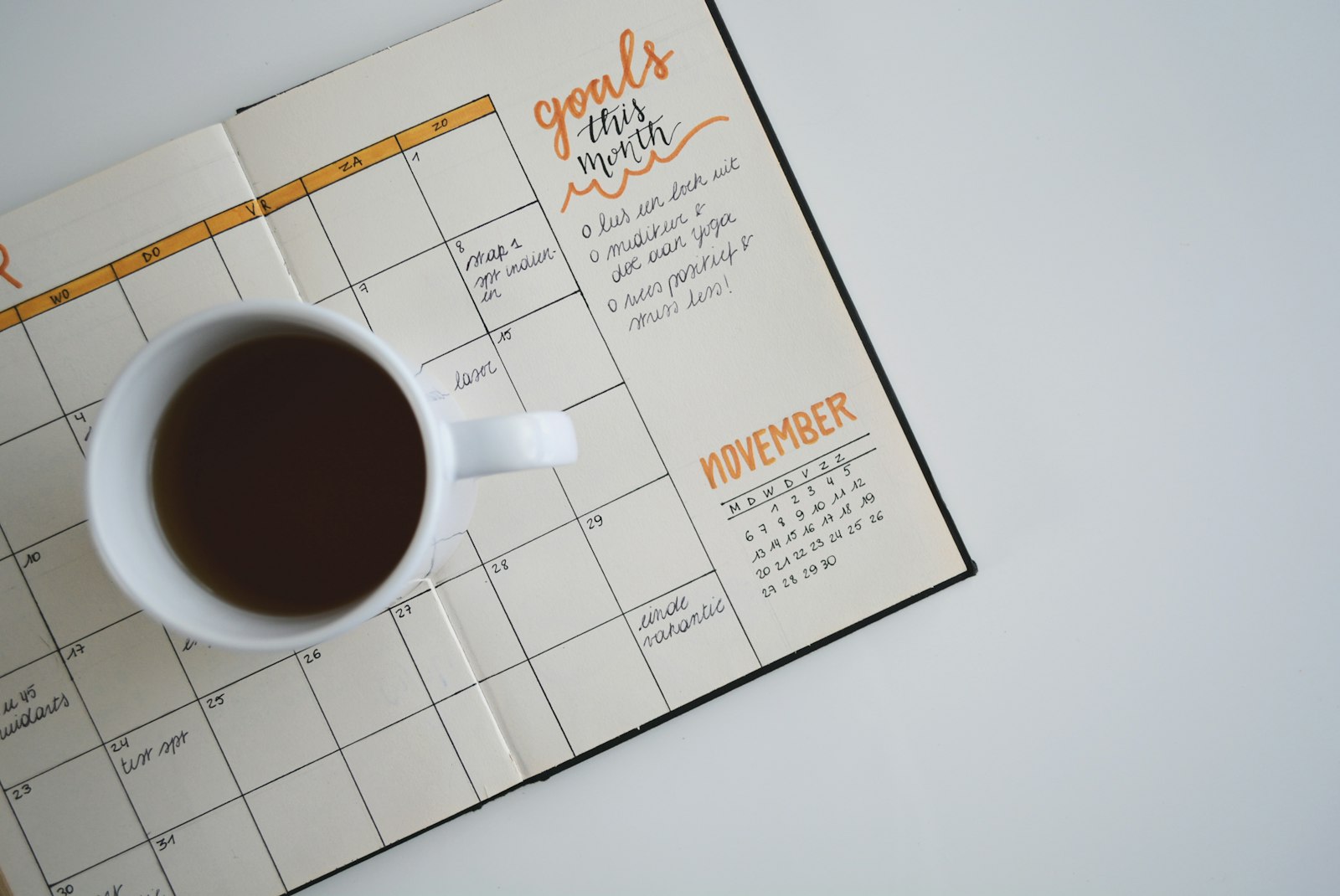 A monthly planning calendar.