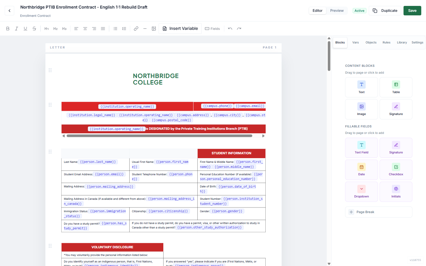 The Learnlynk contract template builder — merge variables and drag-in e-signature fields.