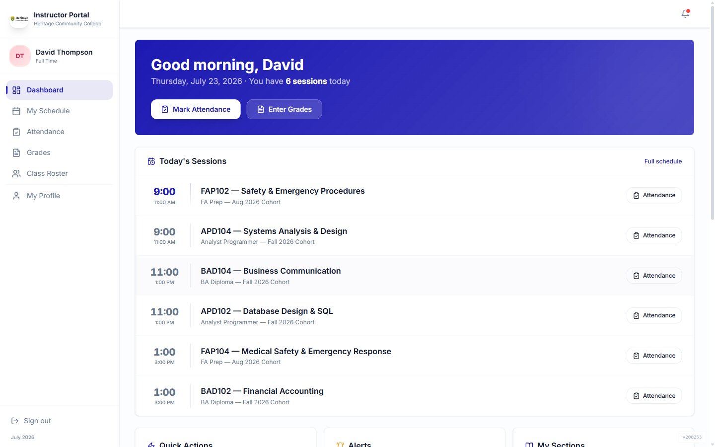 The instructor portal — classes, attendance, and grades, self-serve.