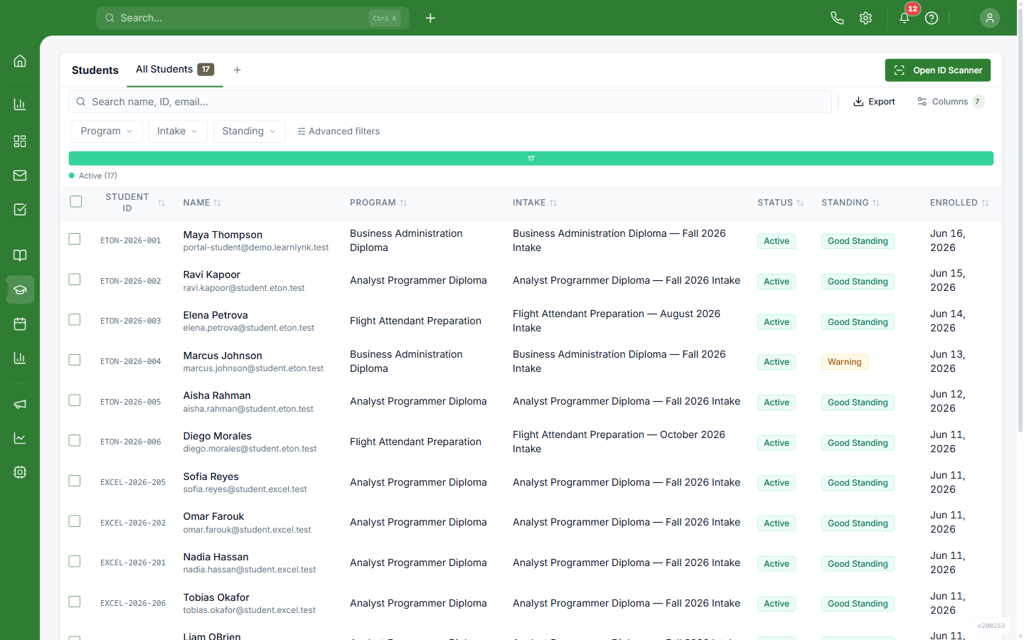 The student roster in Learnlynk — every record from application to transcript.